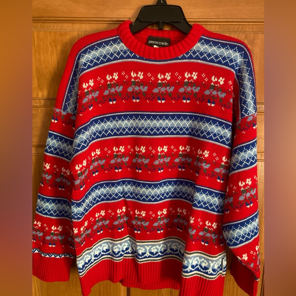 Vtg Pierre Cardin Sweater Large Knit Made in USA 80s/90s Acrylic Christmas Ski